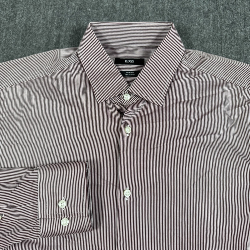 BOSS Hugo Boss Mens Dress Shirt 15.5 Slim Fit Easy Iron Italian Fabric Burgundy